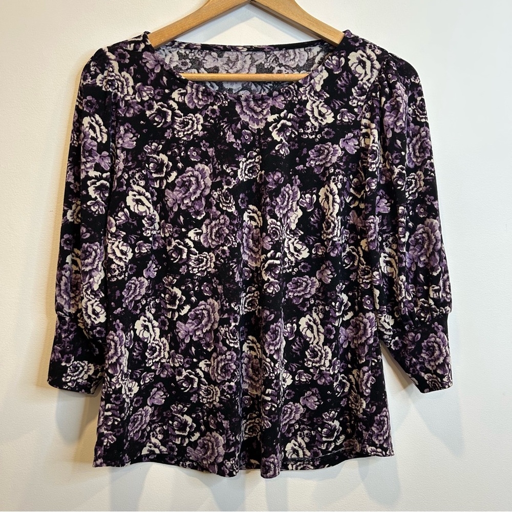 Laura Floral Print Long Sleeve Shirt Black Purple